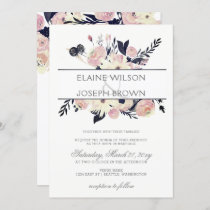Blue & Peach Pink Floral Spring Wedding Invitation