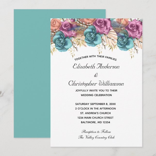 Blue Peach Rose Floral Formal Elegant Wedding Invitation (Front/Back)
