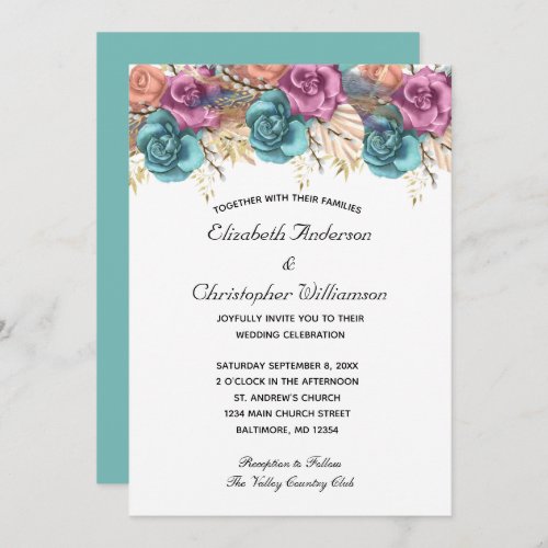 Blue Peach Rose Floral Formal Elegant Wedding Invitation