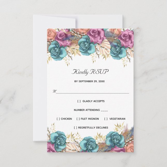Blue Peach Rose Floral Formal Elegant Wedding  RSVP Card (Front)
