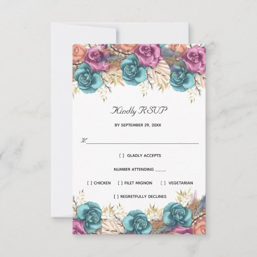 Blue Peach Rose Floral Formal Elegant Wedding  RSVP Card