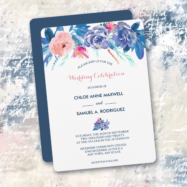 Blue Peach Roses Bouquet Border Wedding Invitation (Creator Uploaded)