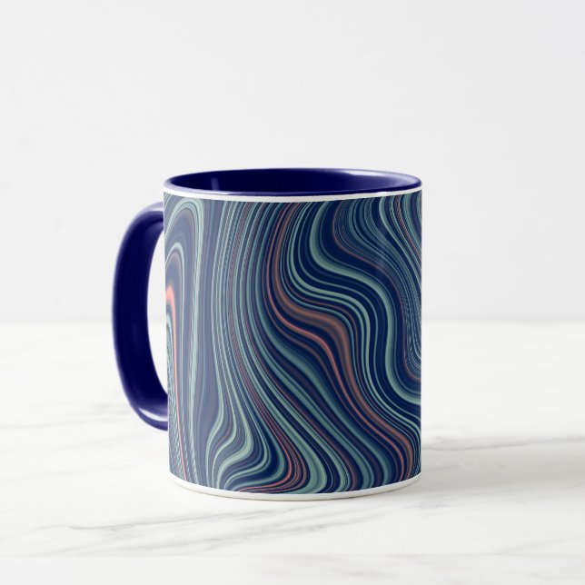 Blue & Peach Wavy Marbling Agate Abstraction Mug (Front Left)