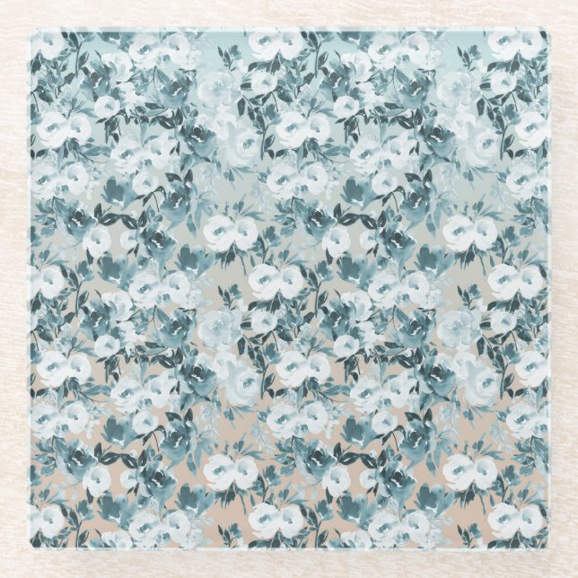 Blue Peach White Floral Glass Coaster (Front)