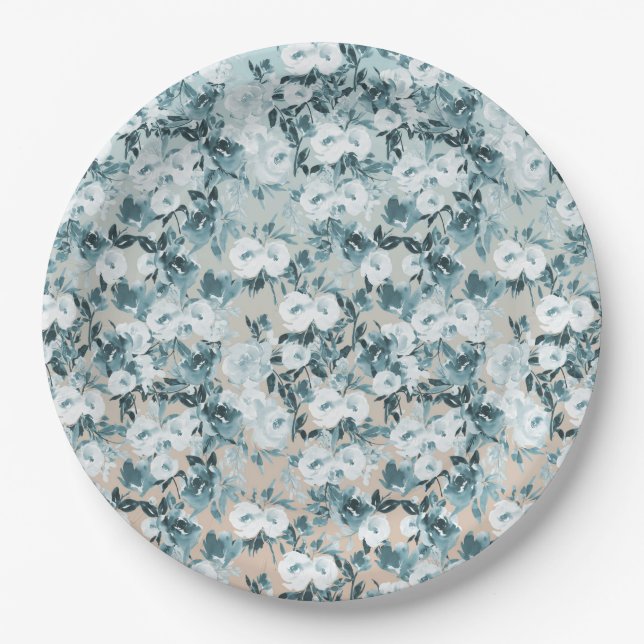 Blue Peach White Floral Paper Plates (Front)