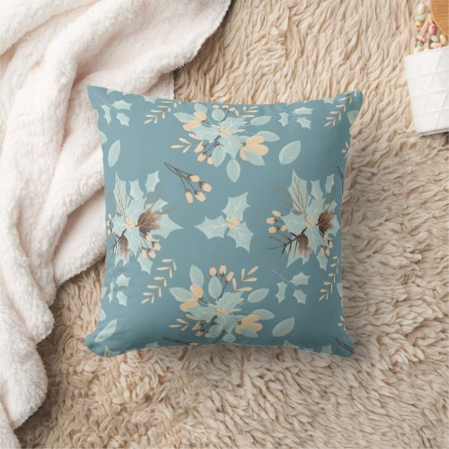 Blue Peach Winter Floral Bouquet Pattern Throw Pillow