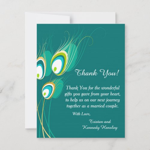 Blue Peacock 4x5 Flat Wedding Thank You Card