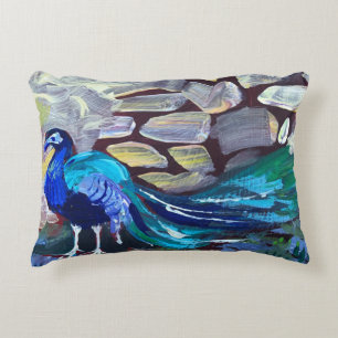 blue peacock, acrylic painting accent pillow