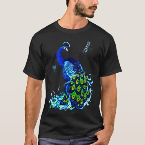 Blue Peacock And Dragonflies T_Shirt