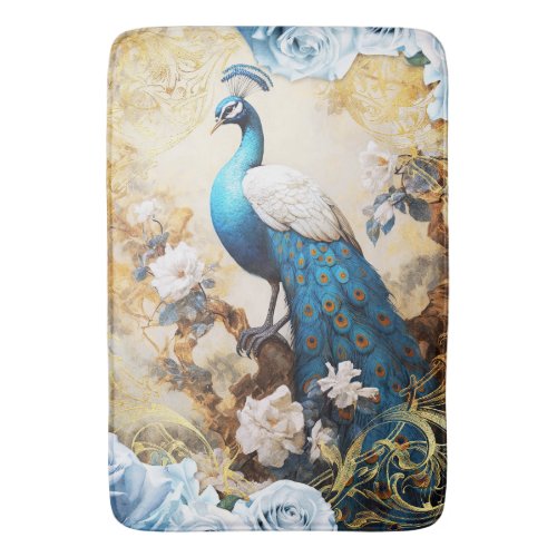 Blue Peacock and Flowers Bath Mat