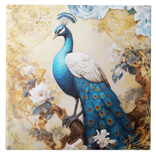 Blue Peacock and Flowers Ceramic Tile