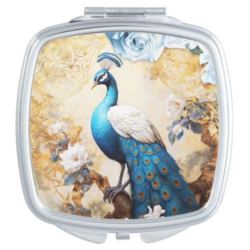 Blue Peacock and Flowers Compact Mirror