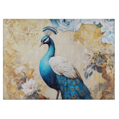 Blue Peacock and Flowers Cutting Board