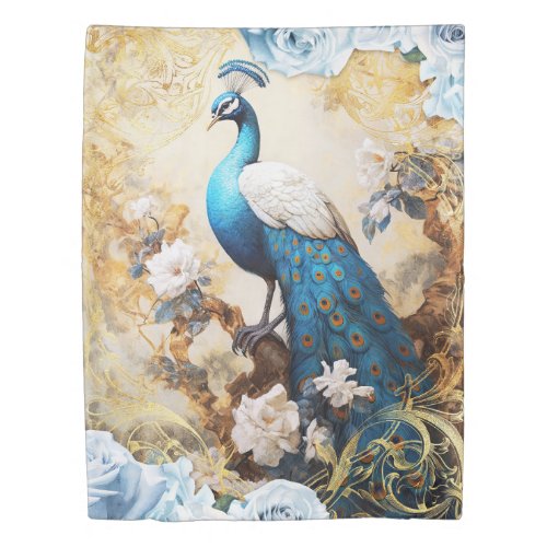 Blue Peacock and Flowers Duvet Cover