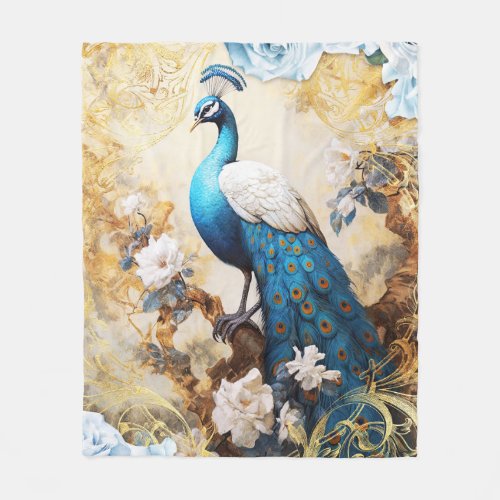 Blue Peacock and Flowers Fleece Blanket