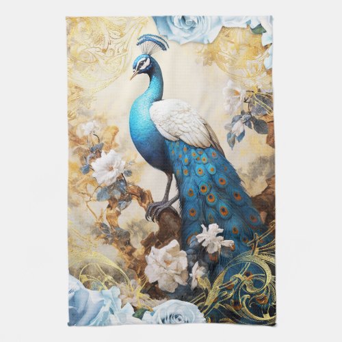 Blue Peacock and Flowers Kitchen Towel