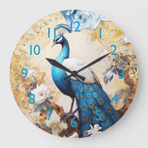 Blue Peacock and Flowers Large Clock