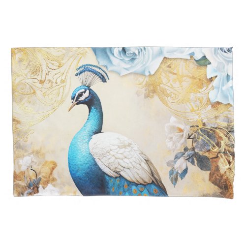 Blue Peacock and Flowers Pillow Case