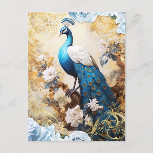 Blue Peacock and Flowers Postcard