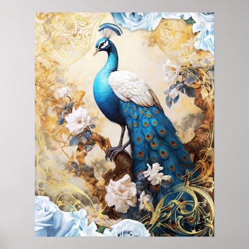 Blue Peacock and Flowers