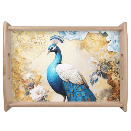 Blue Peacock and Flowers Serving Tray