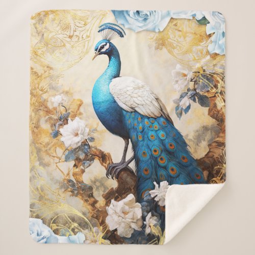 Blue Peacock and Flowers Sherpa Blanket