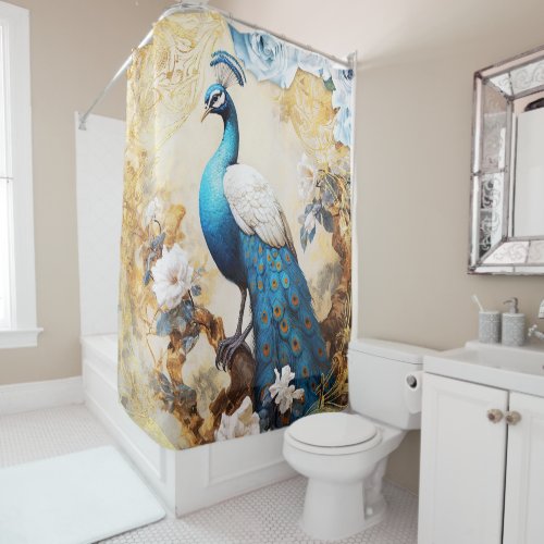 Blue Peacock and Flowers Shower Curtain