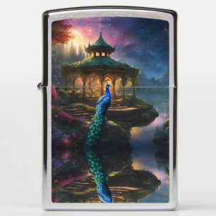 Blue Peacock and Gazebo Moonlight Reflection Zippo Lighter