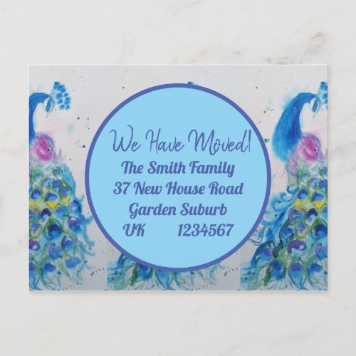 Blue Peacock Art New Address Moving Postcard