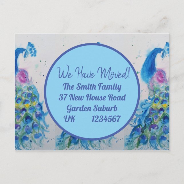 Blue Peacock Art New Address Moving Postcard (Front)