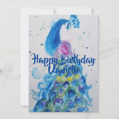 Blue Peacock Art Watercolour Birthday Invitation