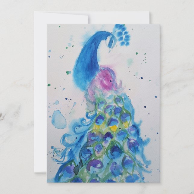 Blue Peacock Art Watercolour Birthday Invitation (Front)