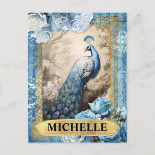 Blue Peacock Art with Gold Filigree and Roses Postcard