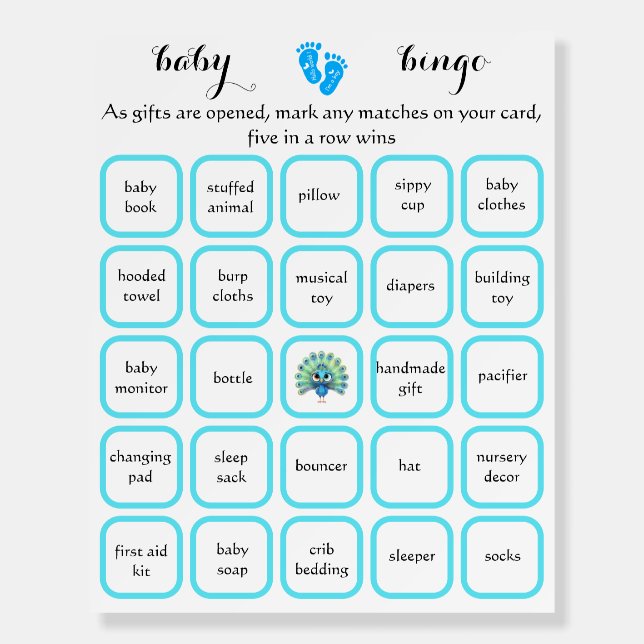 Blue Peacock Baby Shower Bingo Foam Boards (Front)