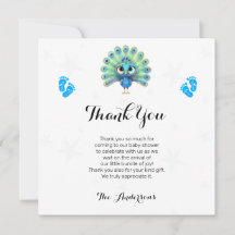 Blue Peacock Baby Shower Thank You Card