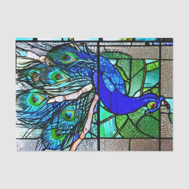Blue Peacock  Bird Stained Glass Decoupage Tissue Paper (Front)