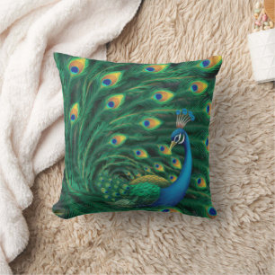 Blue Peacock Bird Throw Pillow