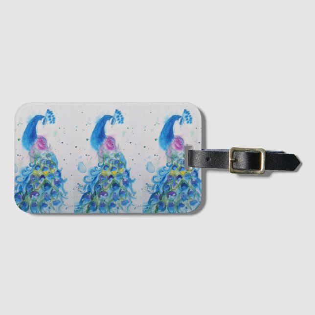 Blue Peacock Bird Watercolour Luggage Tag (Front Horizontal)
