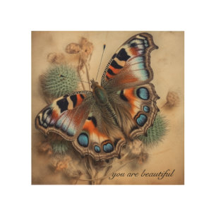 Blue Peacock Butterfly Aesthetic Custom Name Wood Wall Art
