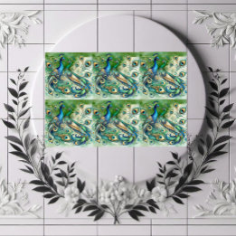 Blue Peacock Couple Green Golden Feathers Motif  Ceramic Tile