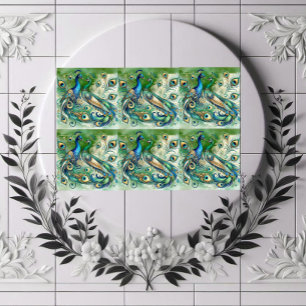 Blue Peacock Couple Green Golden Feathers Motif Ceramic Tile