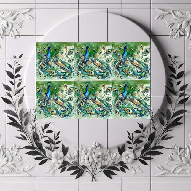 Blue Peacock Couple Green Golden Feathers Motif  Ceramic Tile (Blue Peacock Couple Green Golden Feathers Motif Ceramic Tile)