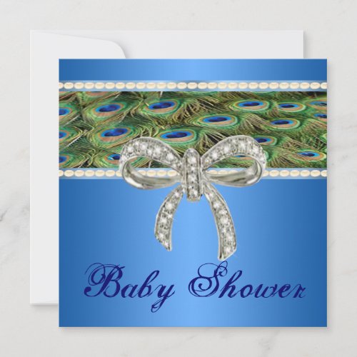Blue Peacock Diamond Bow Baby Shower Invitation
