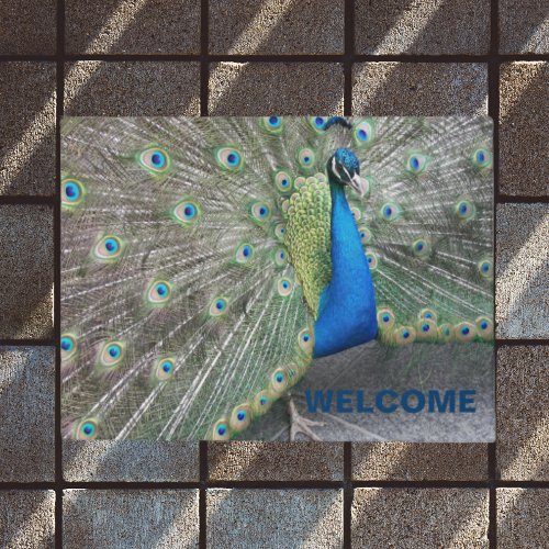 Blue Peacock Fantail Feathers Welcome Doormat