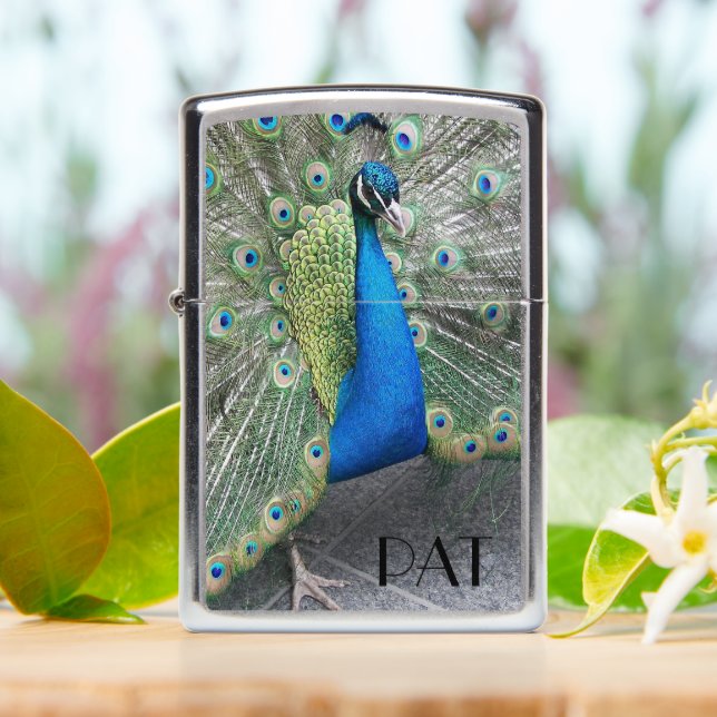 Blue Peacock Fantail Monogram Zippo Lighter (On Table)