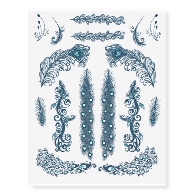 Blue Peacock Feather Assortment Temporary Tattoos (Front)