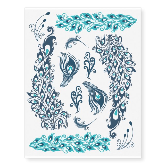 Blue Peacock Feather Assortment Temporary Tattoos (Front)