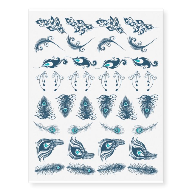 Blue Peacock Feather Assortment Temporary Tattoos (Front)