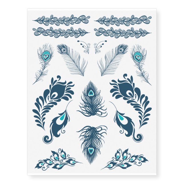 Blue Peacock Feather Assortment Temporary Tattoos (Front)