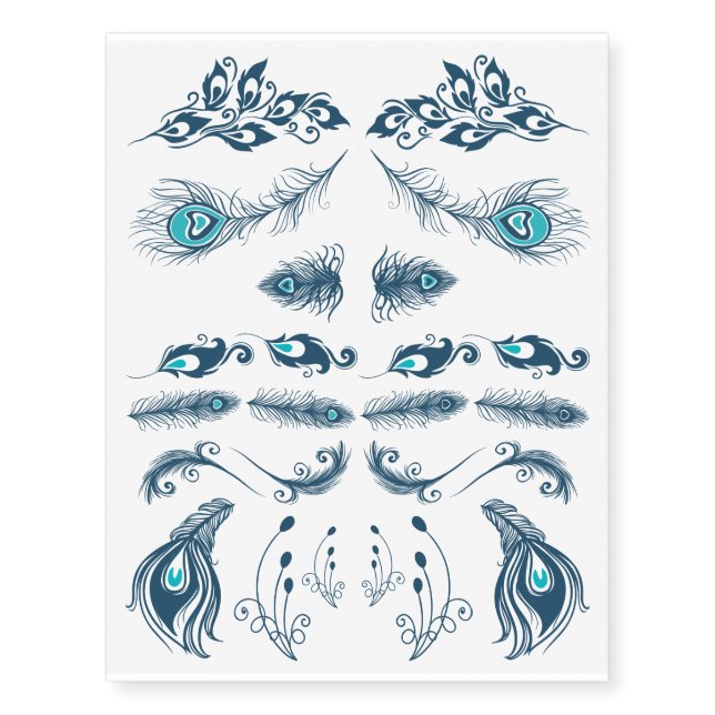 Blue Peacock Feather Assortment Temporary Tattoos (Front)